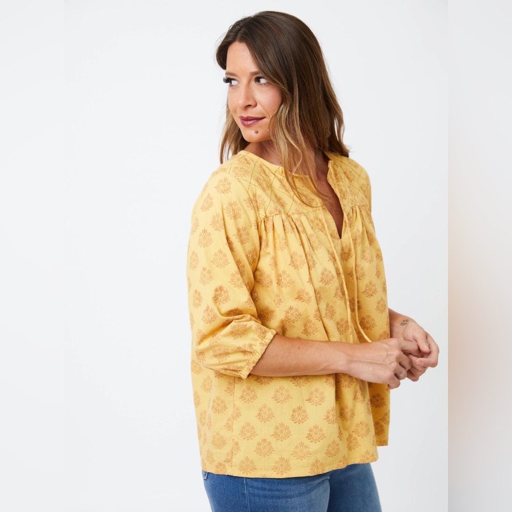 NWT Mata Traders Stamp Top Mustard Yellow Peasant Blouse Boho Tunic 100% Cotton - Picture 1 of 9